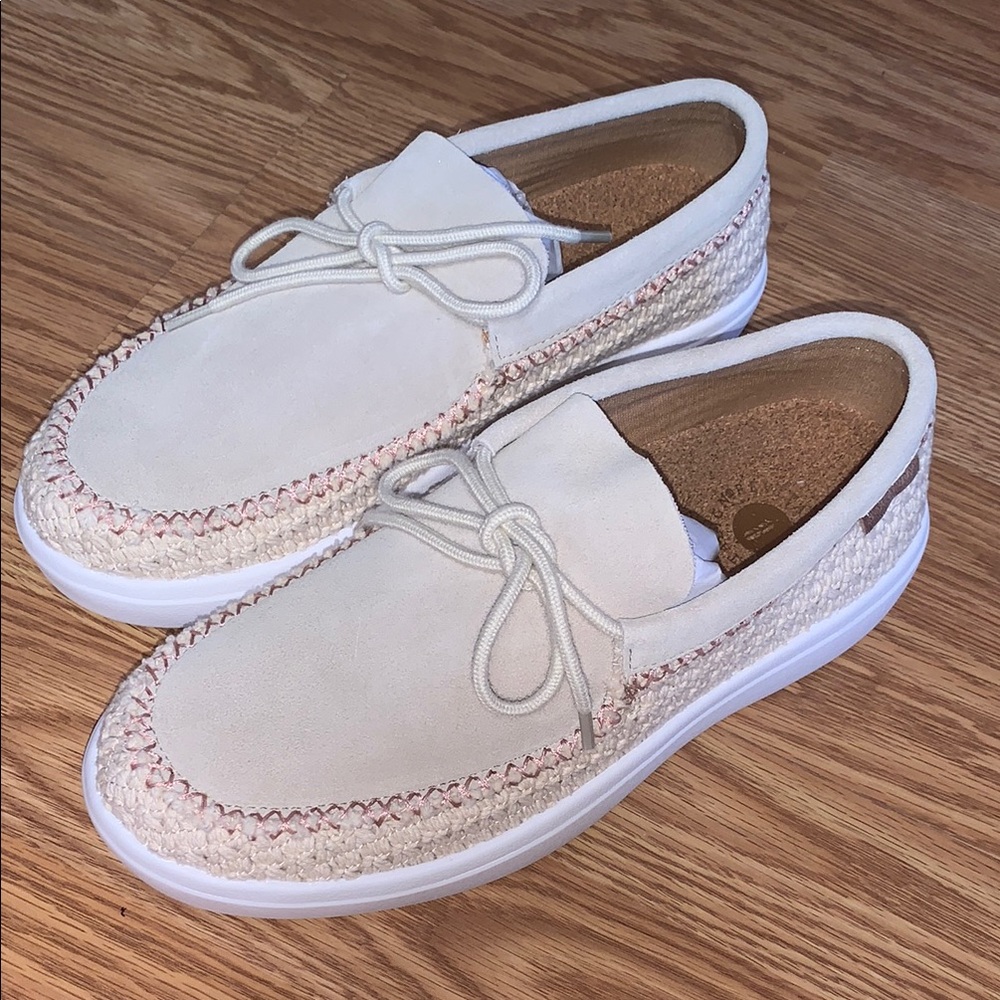 Revitalign new shoes leather slip on cream QVC orthotic suede woven montauk